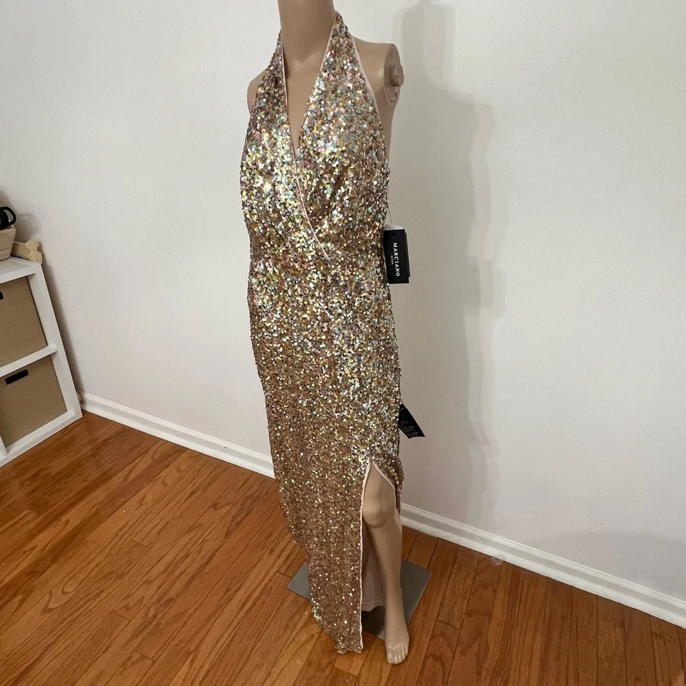 Marciano Limited Edition Shimmering Gold Sequin Halter Gown - Picture 2 of 9